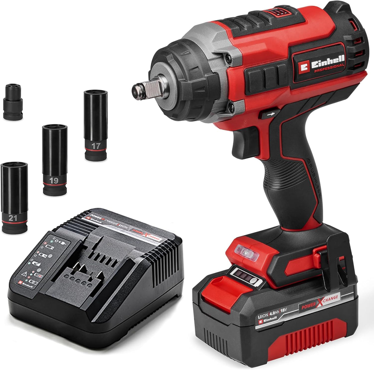 Atornillador de impacto inalámbrico profesional Einhell IMPAXXO 18/450 (1x4,0Ah) Power X-Change (18 V, 450 Nm, sin escobillas, inserción de cuadradillo exterior, incl. batería de 4 Ah, cargador, juego de vasos)