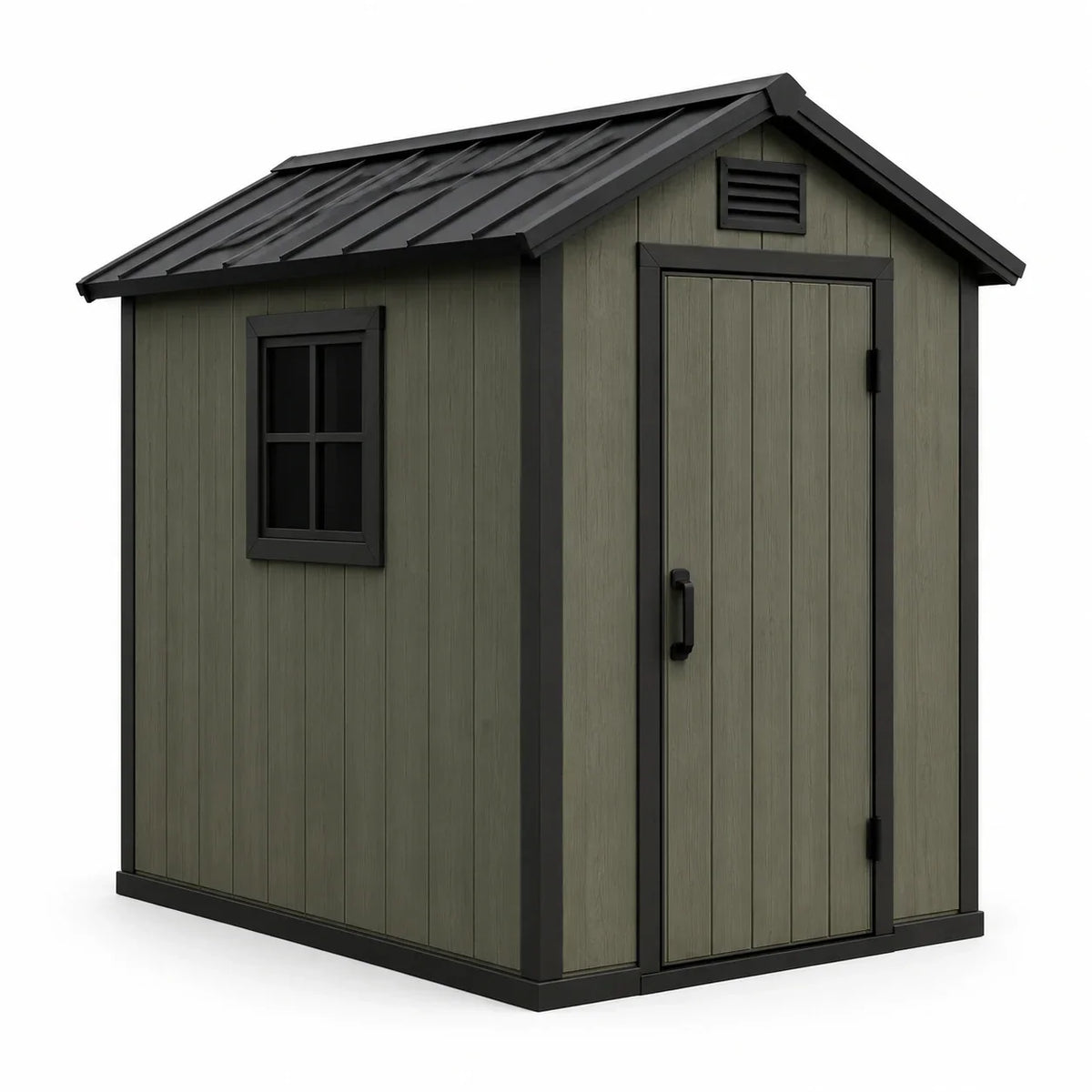 Casetta da giardino in plastica con struttura in metallo, 244x180x226 cm, verde oliva/nero