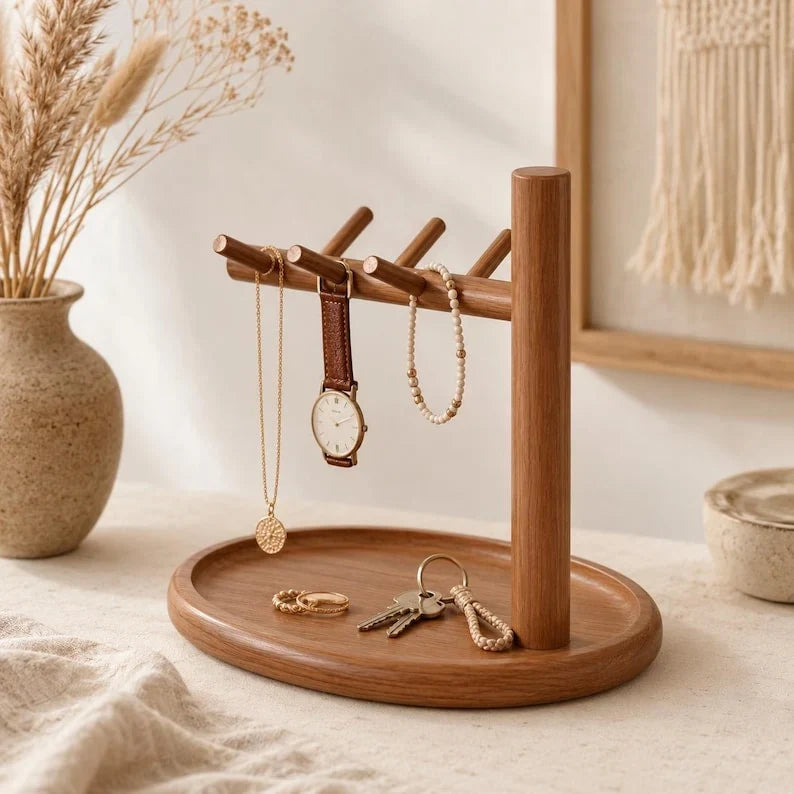 Expositor de joyas de madera con barra para pendientes y bandeja, cómoda, recibidor