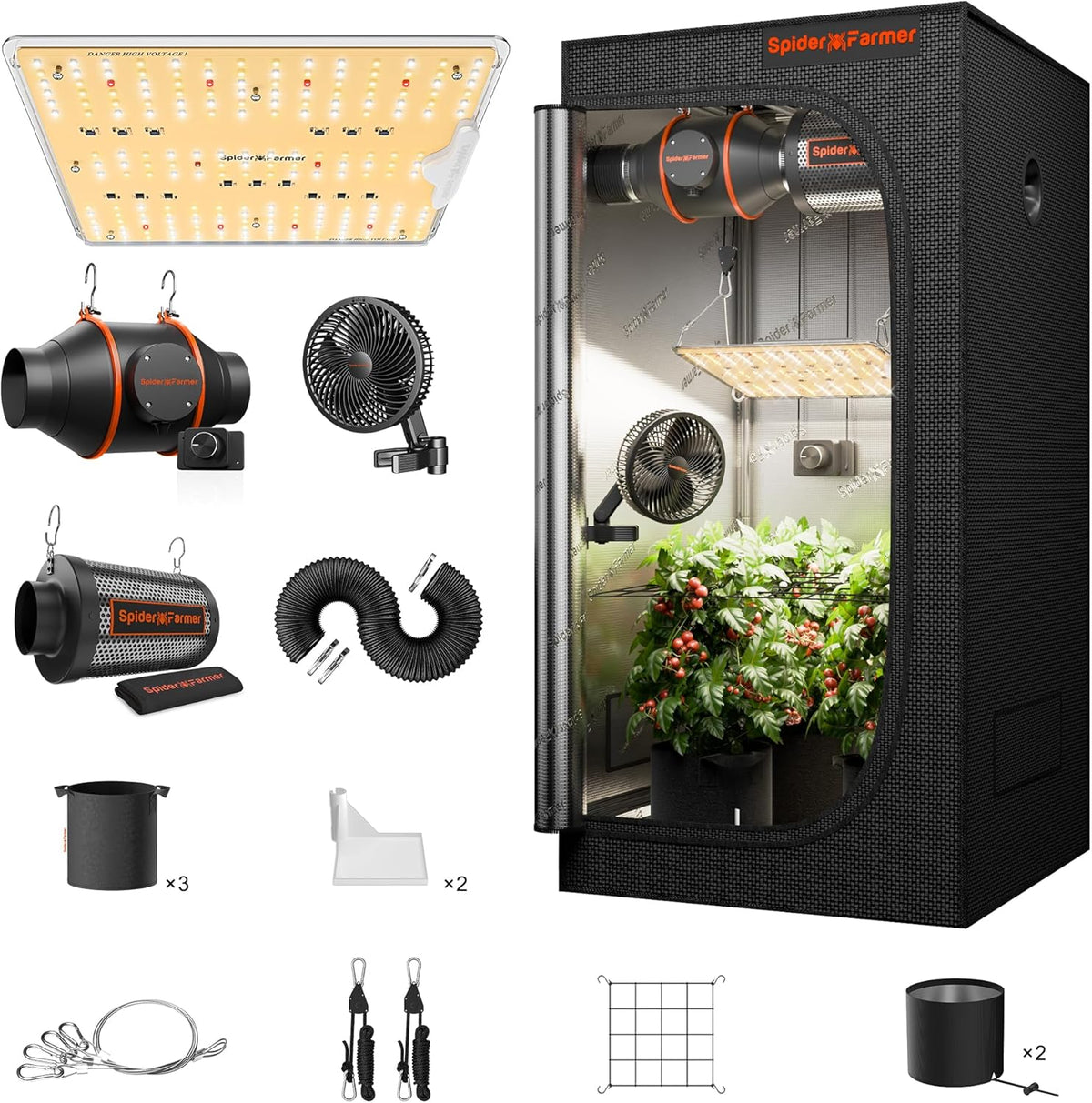 Kit completo de cultivo Spider Farmer SF1000D, lámpara LED de cultivo de espectro completo con LEDs Samsung LM301B, kit de tienda de cultivo de 60x60x140 cm, sistema de ventilación para hidroponía 1680D