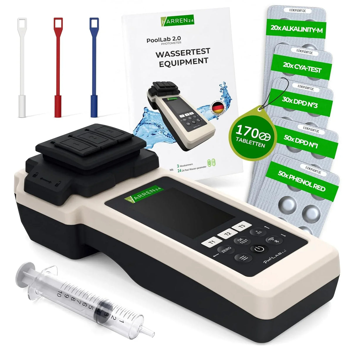 Fotómetro para análisis de agua PoolLab 2.0, medidor electrónico para piscinas con Bluetooth, DPD1, DPD3, pH, CYA, alcalinidad y 170 pastillas de prueba