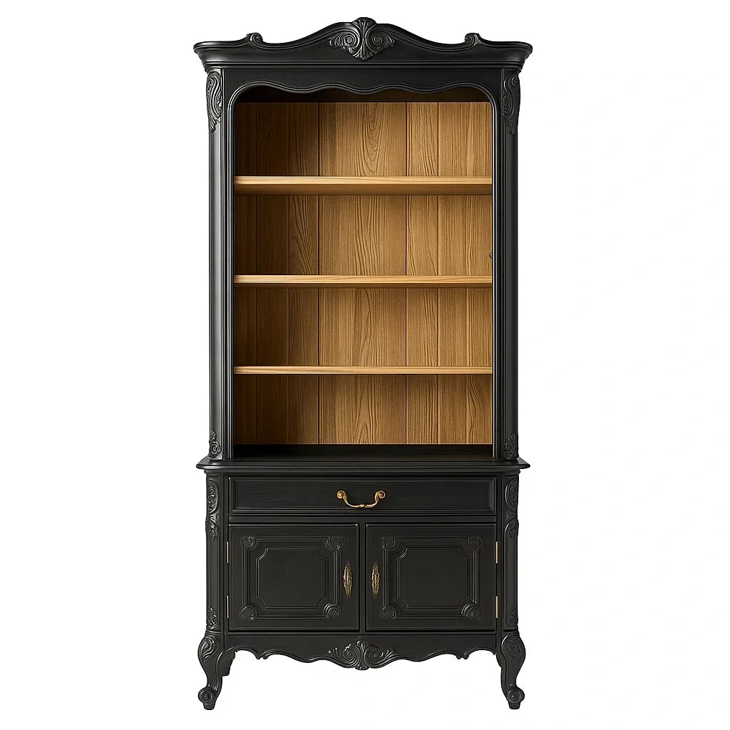 Librería de madera negra con dos puertas batientes