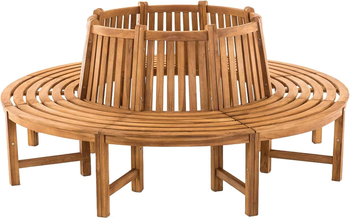 Banco circular para árbol CLP Baumbank Novum I Banco redondo con 8 plazas I Banco de madera natural con respaldo de madera de teca maciza, color: teca, tamaño: 200 cm