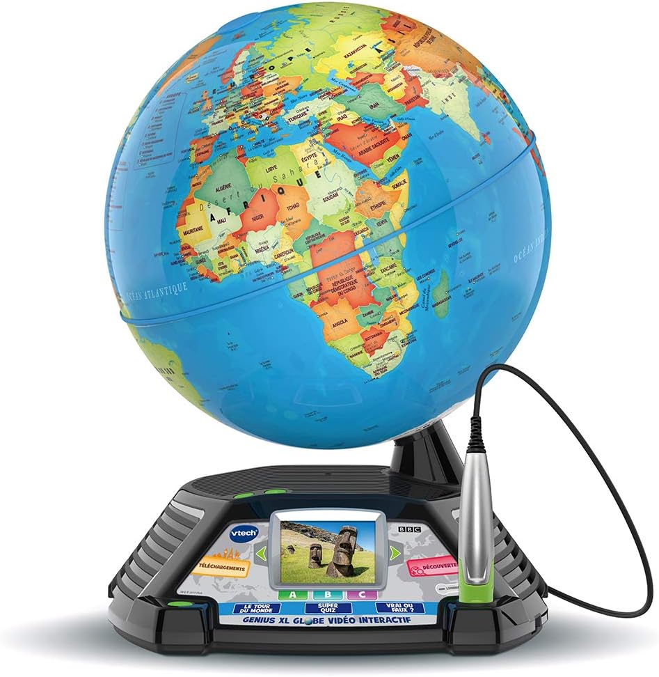 VTech - Globo terráqueo interactivo Genius XL Video, globo terráqueo para niños con pantalla a color, lápiz óptico, 600 vídeos de la BBC, juguete científico educativo, regalo para niños a partir de 7 años - Contenido en francés