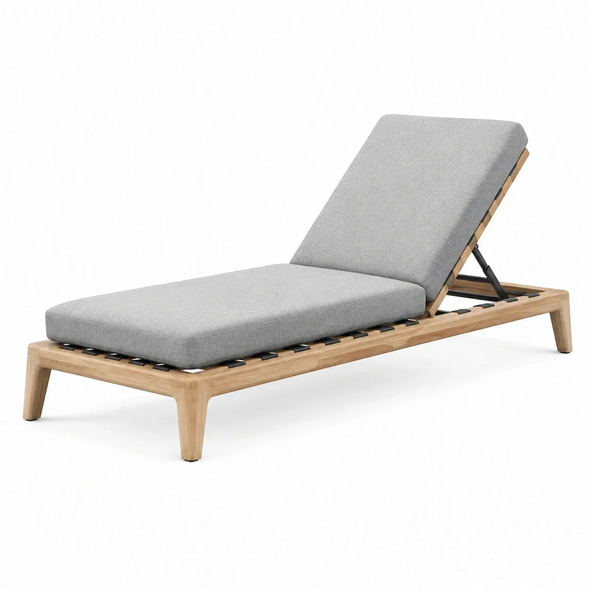 Tumbona de madera de roble con cojín de poliéster gris, ajustable, 195 cm