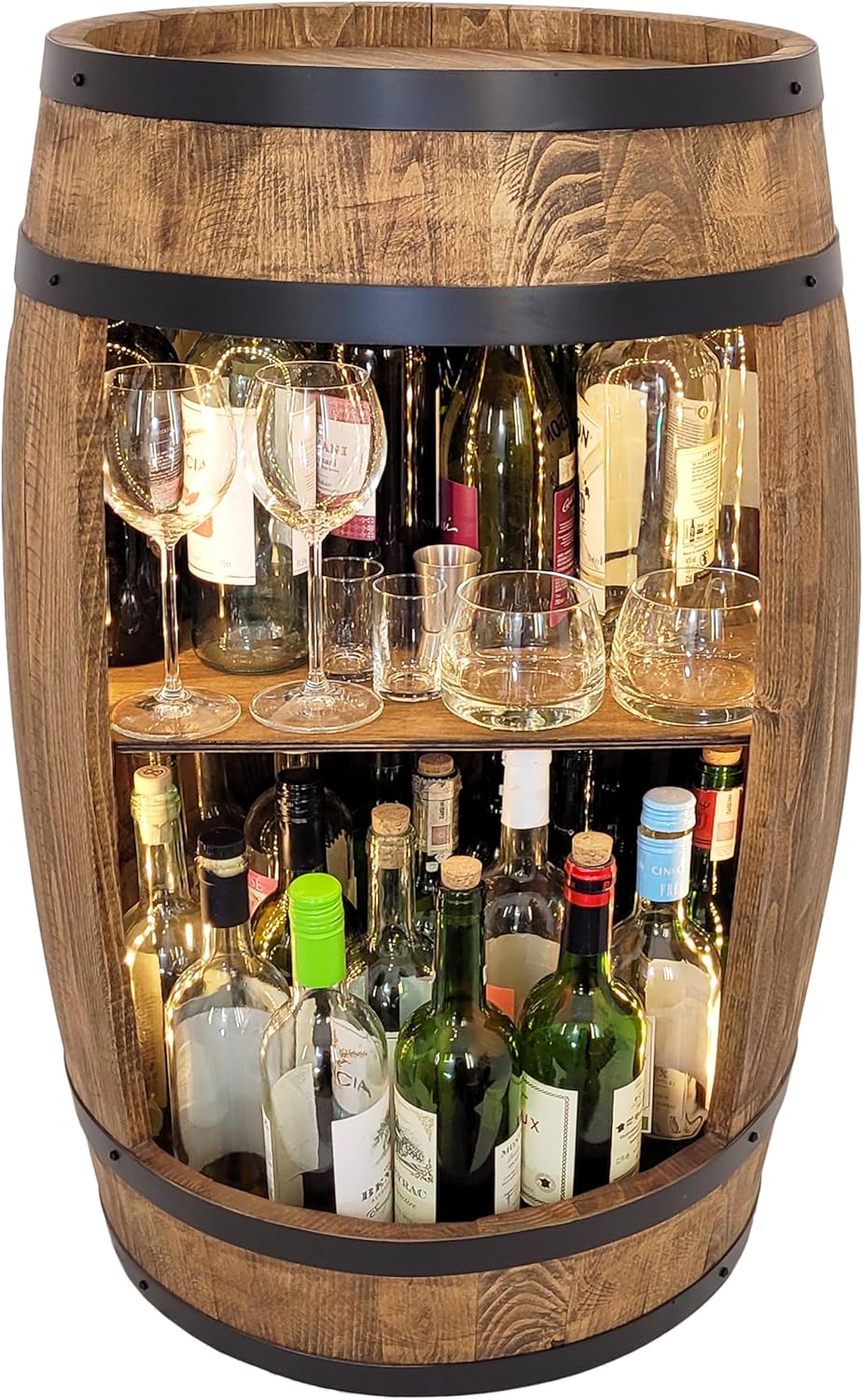Bar de vino LED Weeco. Botellero mueble bar XL. Barril vintage decorativo para salón. Minibar para ginebra, whisky y cerveza. Mesa alta de barril. Barril de madera para copas y botellas. Estante de vino, set de regalo.