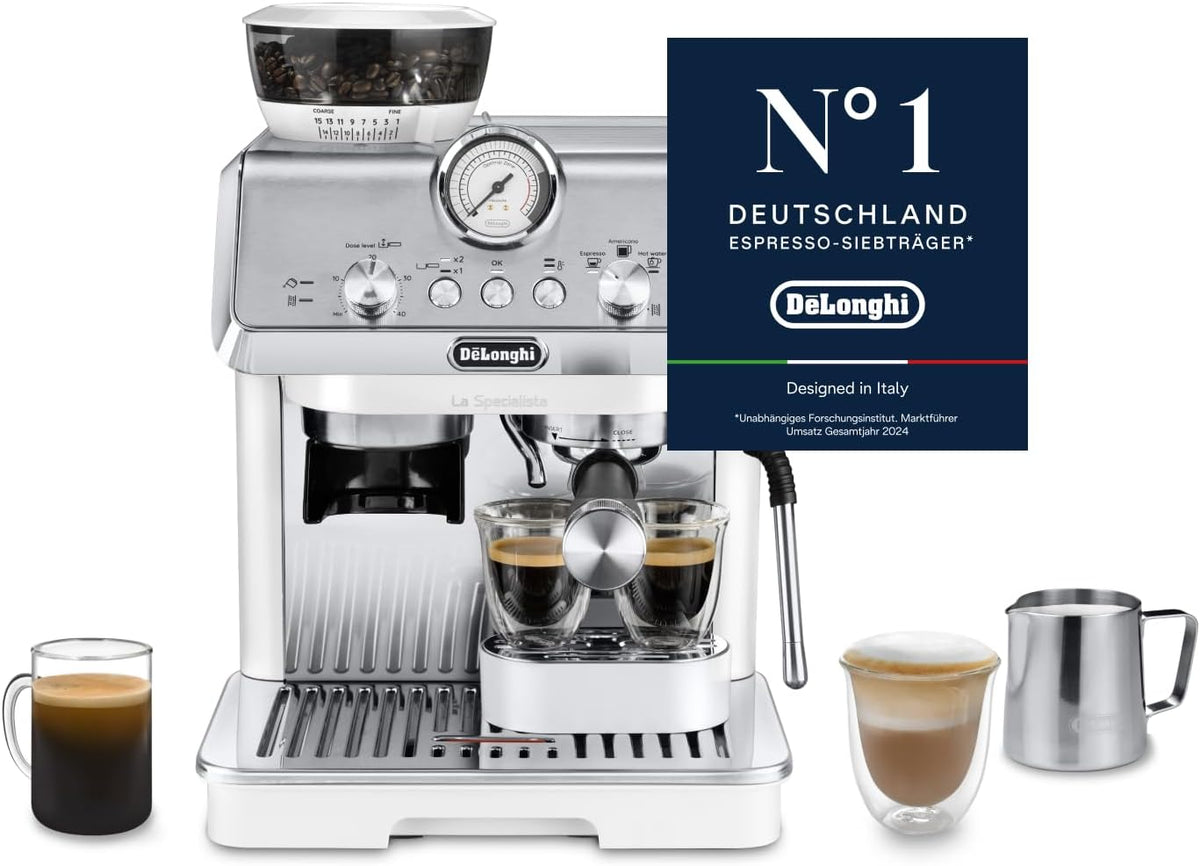 Cafetera de brazo De'Longhi La Specialista Arte EC9155.W, máquina de espresso con molinillo, 8 niveles de molienda, 15 bares, 3 temperaturas, boquilla para espuma de leche, 1550W, depósito de 1,7L, blanca, incluye kit de barista
