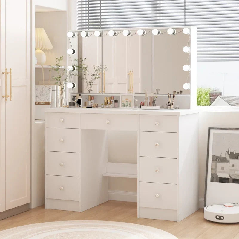 Tocador de maquillaje LED de lujo con 9 cajones, elegante estación de maquillaje