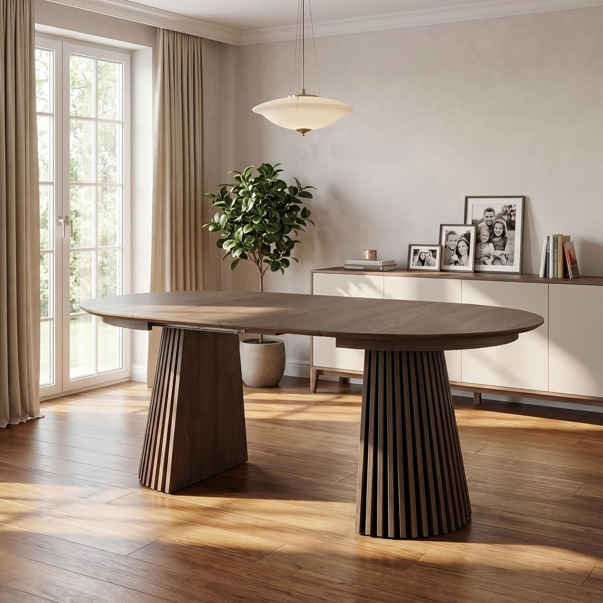 ebuy24 Mesa de comedor ovalada extensible - Tokyo 2 placas adicionales Ø120 a 160/200 cm chapa de roble ahumado mesa redonda mesa de comedor mesa extensible mesa de madera mesa de cocina zona de comedor