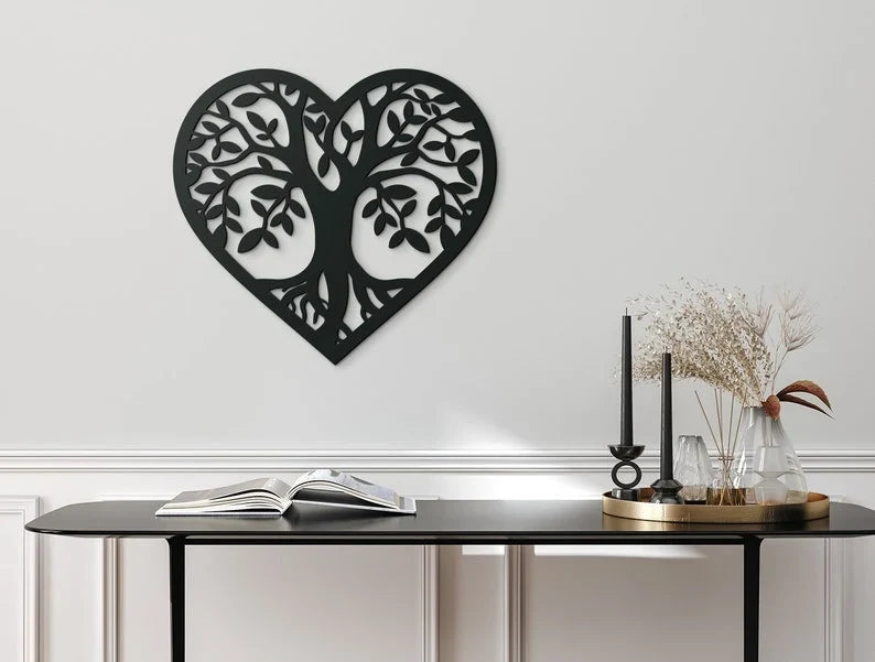 Decoración de pared 3D de madera Árbol de la vida con corazón, HDF, 32,5-97,5 cm, madera natural
