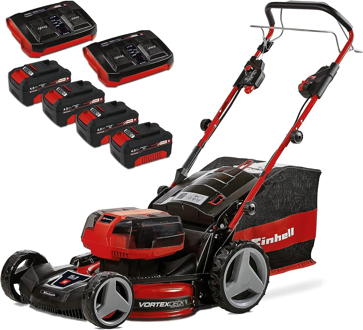 Cortacésped a batería Einhell GE-CM 36/47 S HW Li Kit Power X-Change (36 V, 47 cm de ancho de corte, hasta 700 m², sin escobillas, tracción a las ruedas, saco de recogida de 75 L, incl. 4x 4,0 Ah + 2x cargador doble)