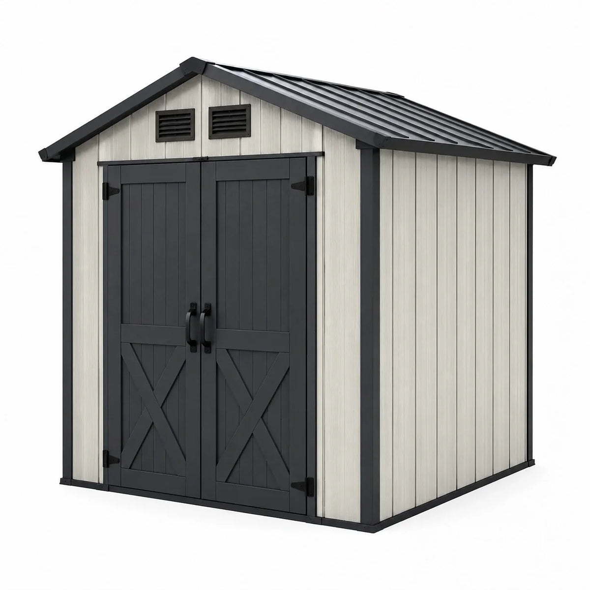 Caseta de jardín de plástico con puerta doble y ventilación gris claro/negro