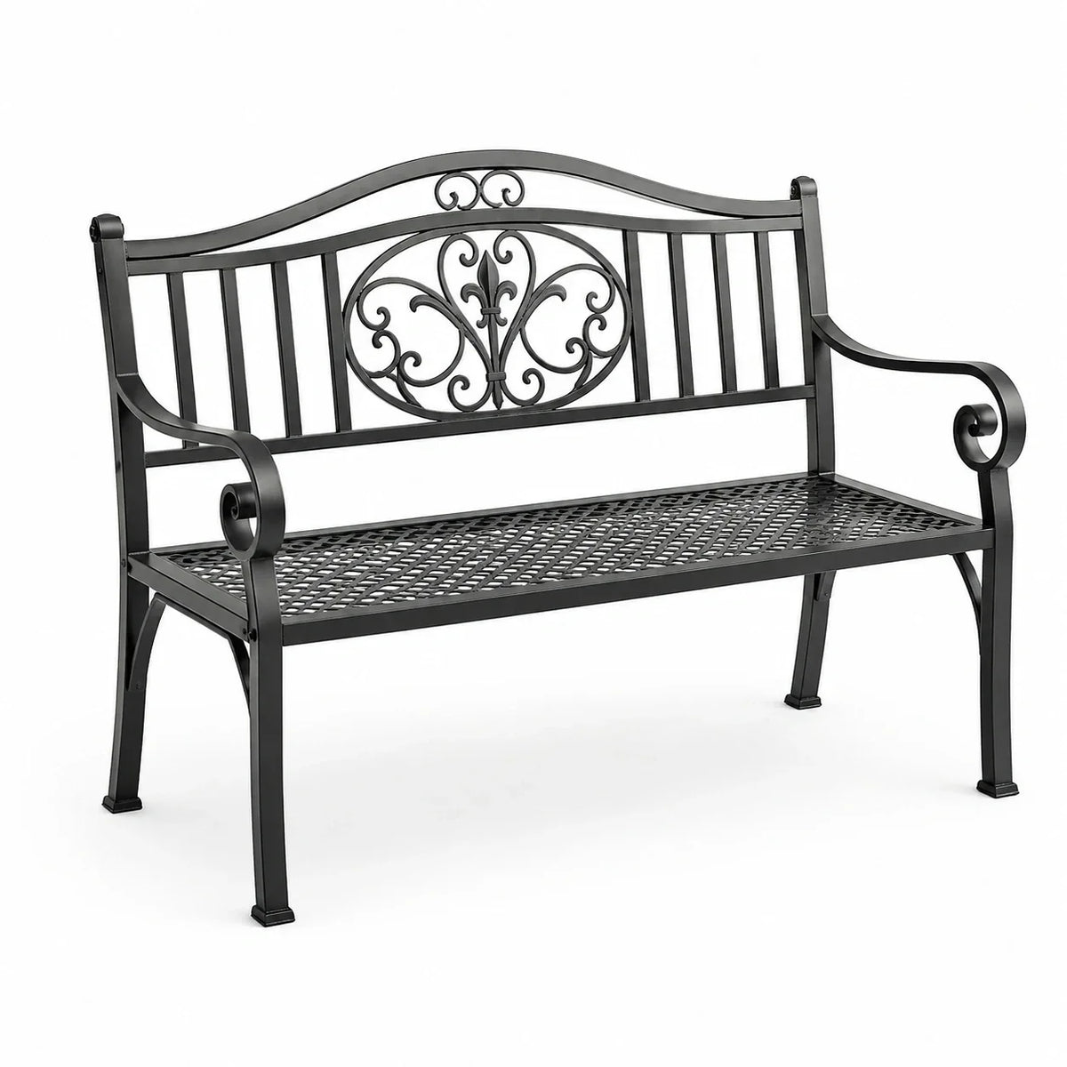 Banco de jardín de hierro forjado negro con ornamentos