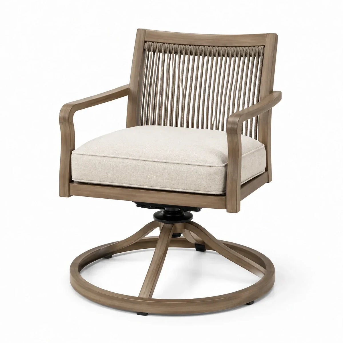 Sillón giratorio de madera de acacia con tejido de cuerda de polipropileno y cojín de poliéster