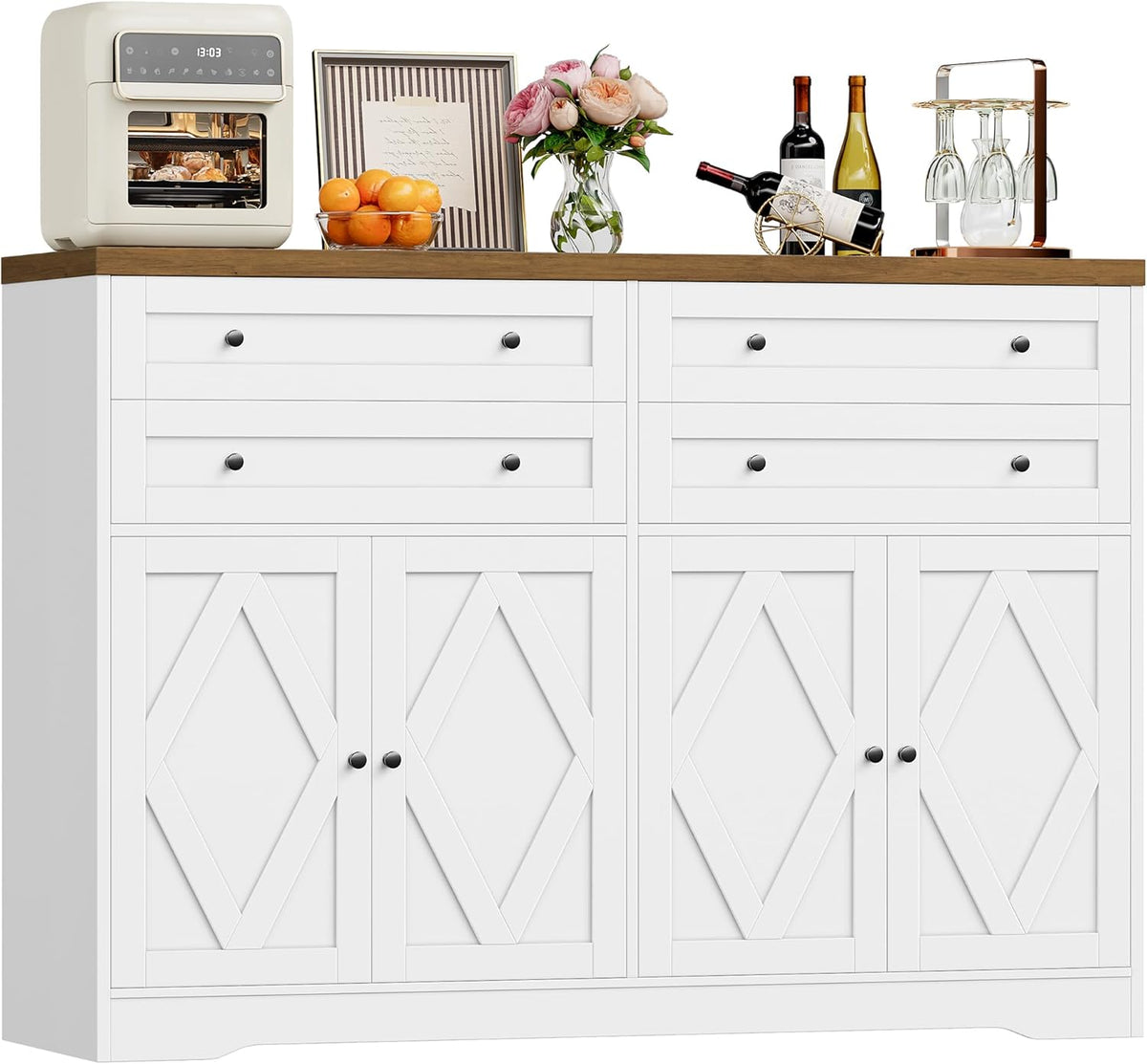 Aparador HOCSOK, mueble de cocina de 132,7 cm de ancho con 2 estantes ajustables, armario buffet con 4 cajones y 4 puertas, aparador de cocina para salón, cocina, recibidor, blanco y marrón