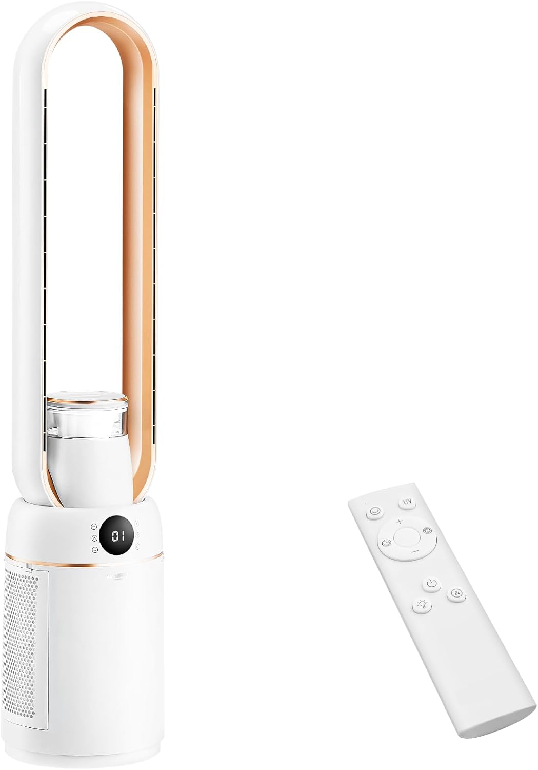 Ventilador de Torre Purificador de Aire ROVSUN, Ventilador sin Aspas de 110 cm, Humidificación, Iones Negativos, Esterilización UV, 32 Velocidades, 4 Modos, Temporizador de 15H, Oscilación de 80°, Control Táctil y Mando a Distancia
