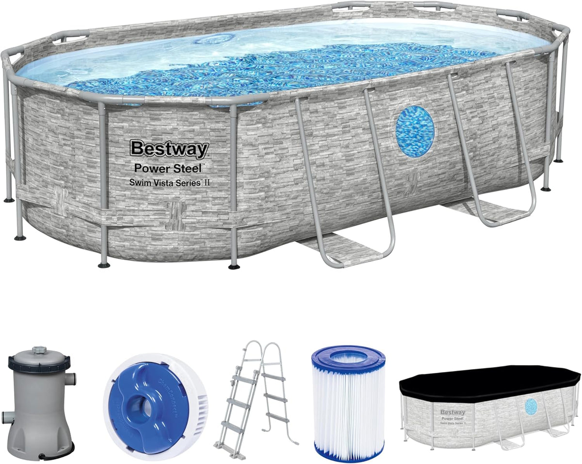 Set completo de piscina con estructura Bestway Power Steel Swim Vista Series, incluye bomba de filtro, 427 x 250 x 100 cm, aspecto de pared de piedra (gris crema), ovalada