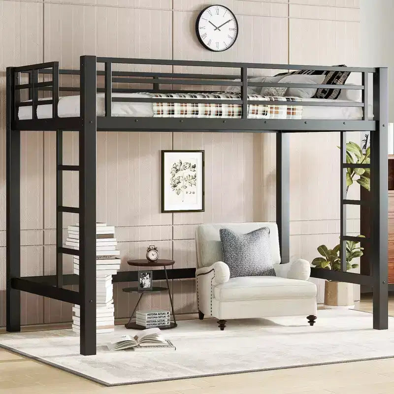 Litera alta de metal, estructura de litera que ahorra espacio con escaleras dobles y barandillas, negra - ModernLuxe