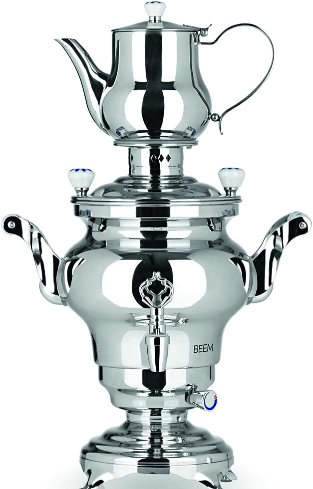 BEEM 06127 Samovar Odessa III, acero inoxidable, 3 litros, preparación tradicional de té, 2 resistencias, ahorro de energía, 53 x 34 x 25 cm, plateado