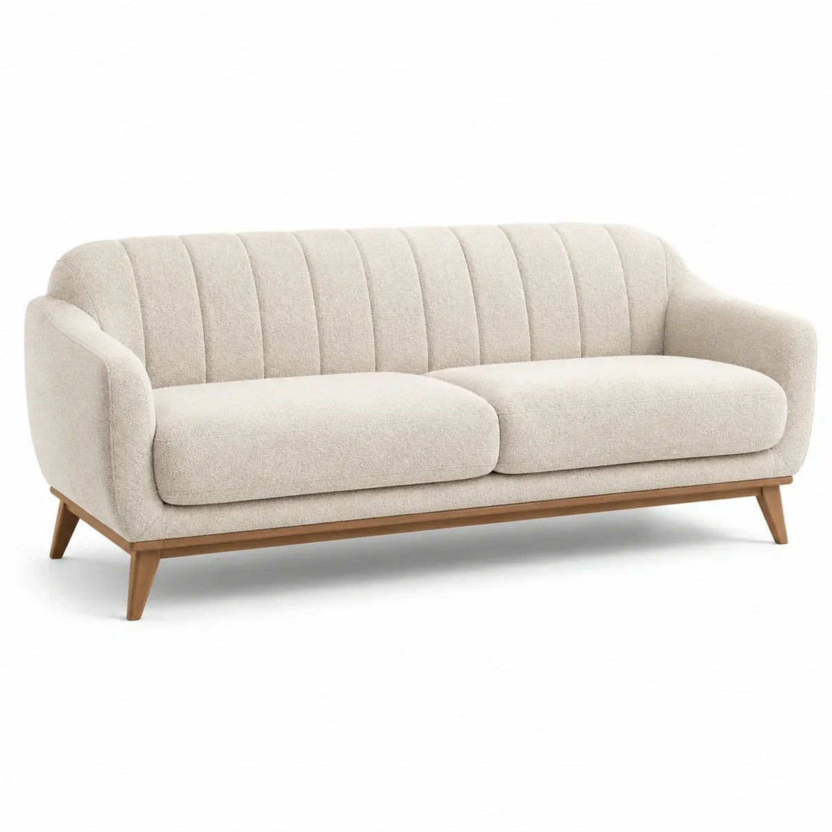Sofá de 3 plazas de tela bouclé, madera, beige, 200 cm