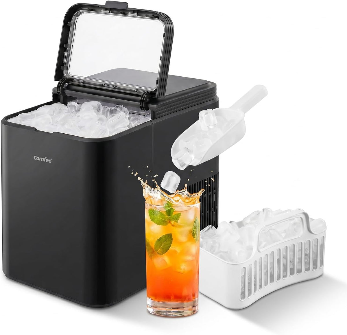Máquina de hielo Comfee' RCI12BL1EU(E), 8 cubitos en 6 min, 12 kg/24 h, depósito de agua de 1,3 l, función de autolimpieza, máquina de hielo compacta en forma de bala, incluye pala y cesta para el hogar – Negro