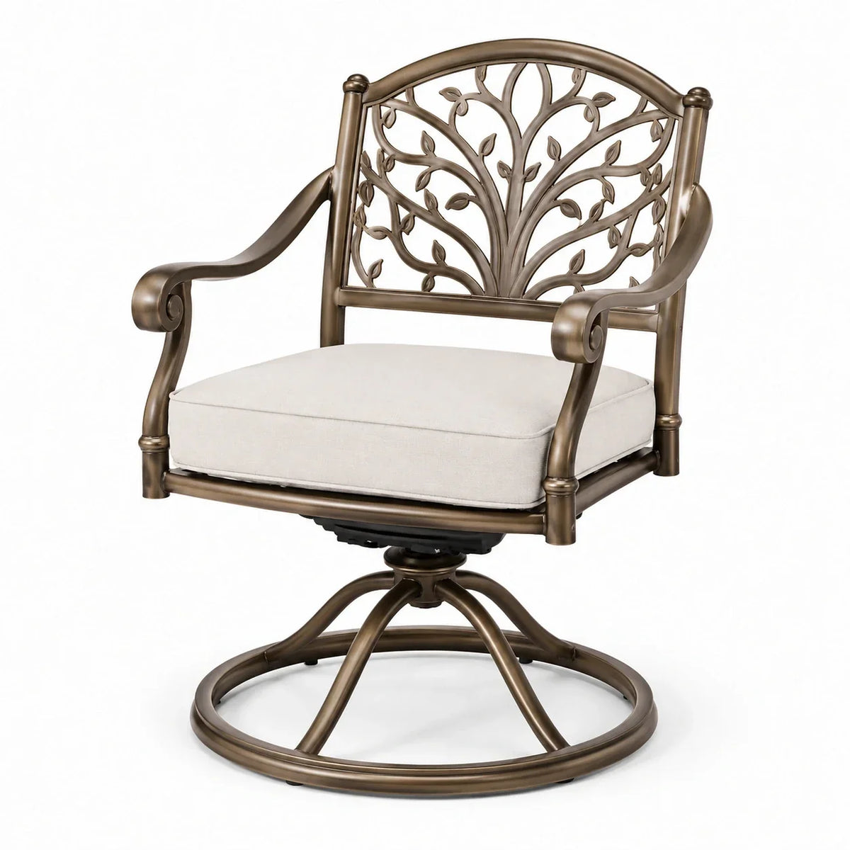 Sillón giratorio de aluminio con tapizado de poliéster en bronce y beige