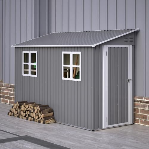 Cobertizo de metal para herramientas de 4 x 10 pies, diseño adosado, caseta con ventana y techo inclinado, cobertizo de acero resistente a la intemperie como garaje para 2-3 bicicletas, arcón para cubos de basura y caseta de jardín, con cerradura, gris