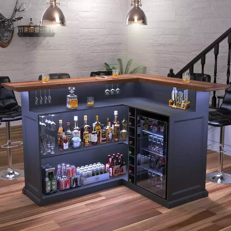 Gabinete de bar en casa en forma de L de GDLF con espacio para refrigerador, mesa de bar moderna de gran tamaño para sótano