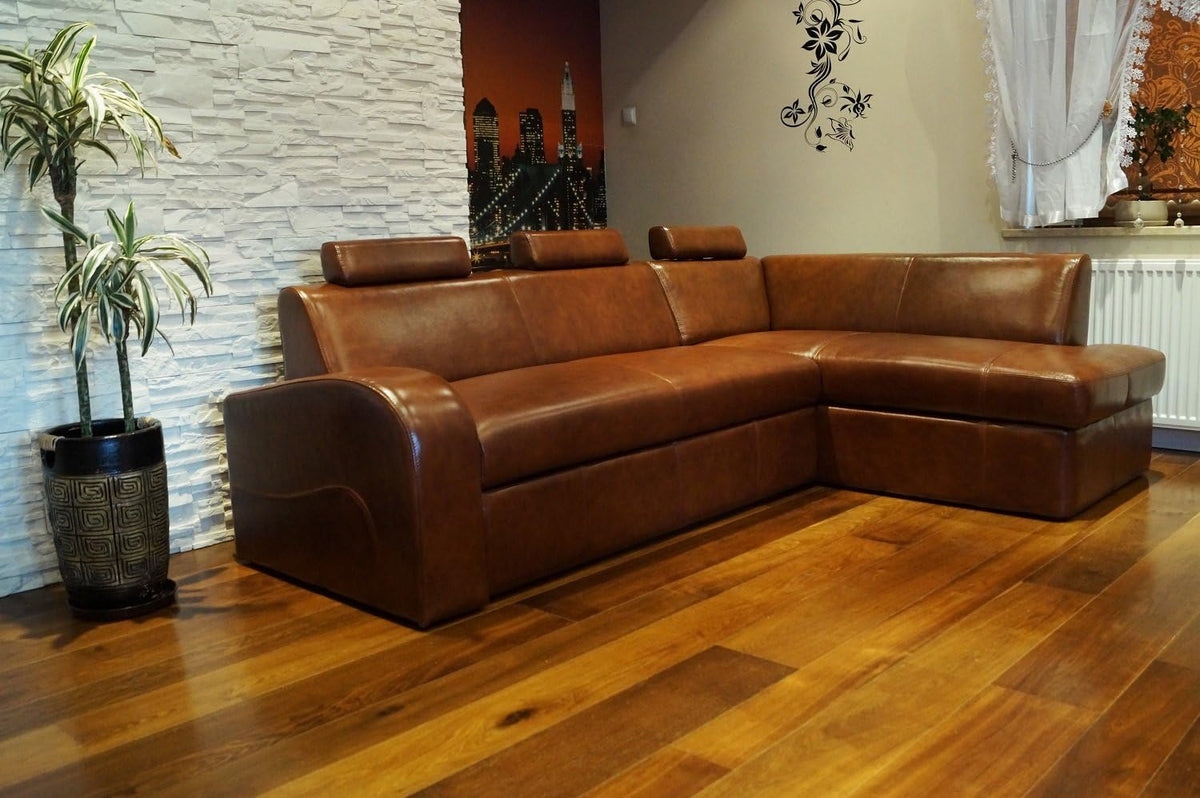 Sofá esquinero de piel auténtica Antalya II 3 plazas 245 x 164 cm con función de cama, arcón y reposacabezas, sofá en esquina de cuero auténtico marrón antiguo 3000