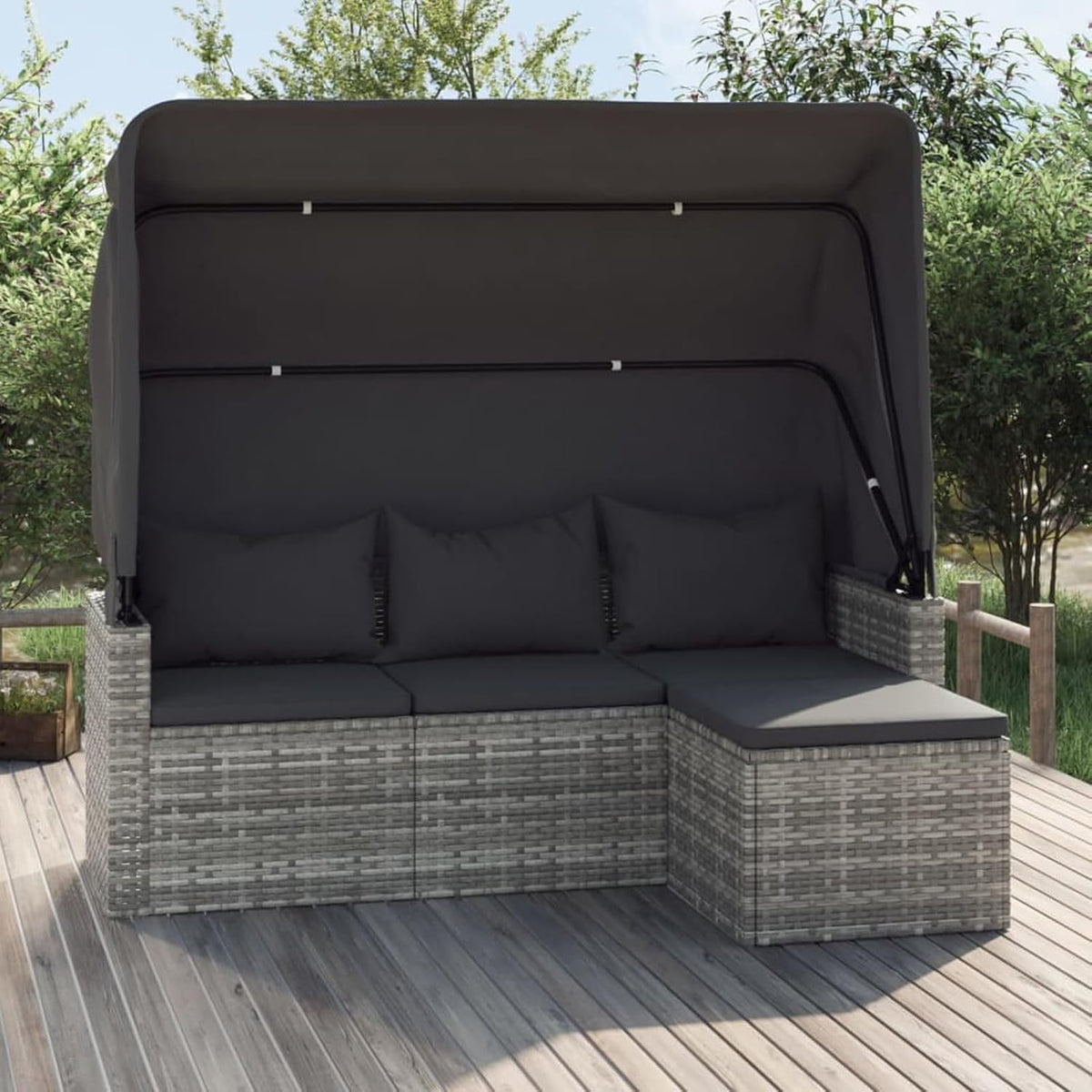 Sofá de jardín de 3 plazas con techo y reposapiés, muebles de jardín tipo lounge, conjunto de jardín, muebles de salón, salón para balcón, rincón de asiento para balcón, zona de estar para jardín, ratán sintético gris