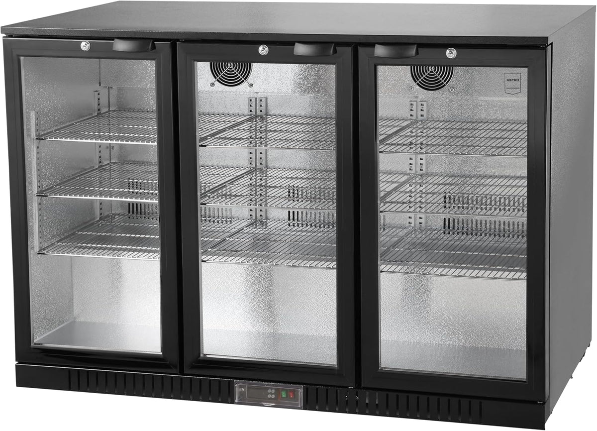 Enfriador de botellas METRO Professional GBC3003, aluminio/vidrio, 135 x 53 x 86,5 cm, 308 L, estantes ajustables, descongelación automática, iluminación LED, negro
