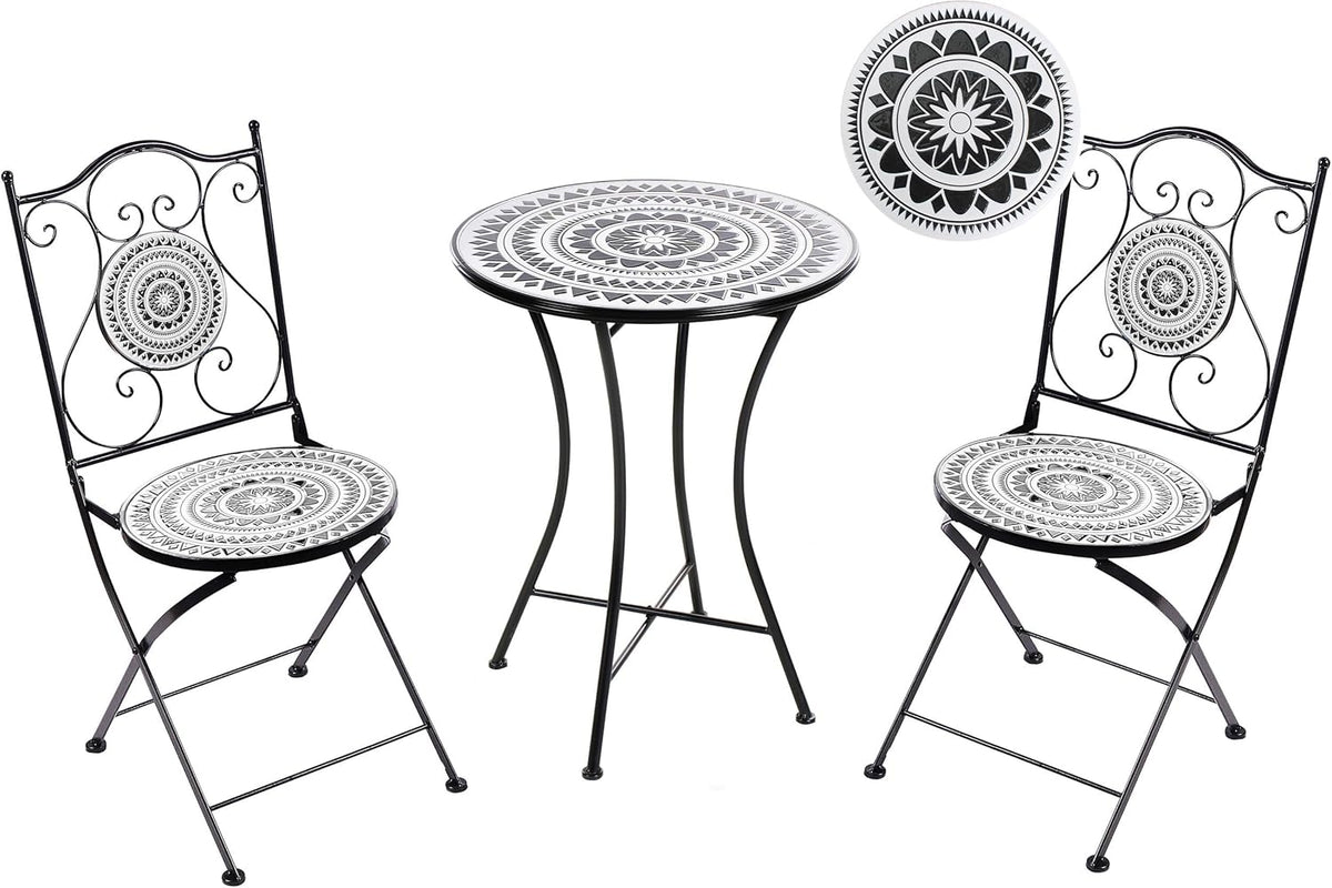 Set de balcón Beliani de 3 piezas de hierro, mesa de mosaico blanco/negro con 2 sillas plegables Comiso