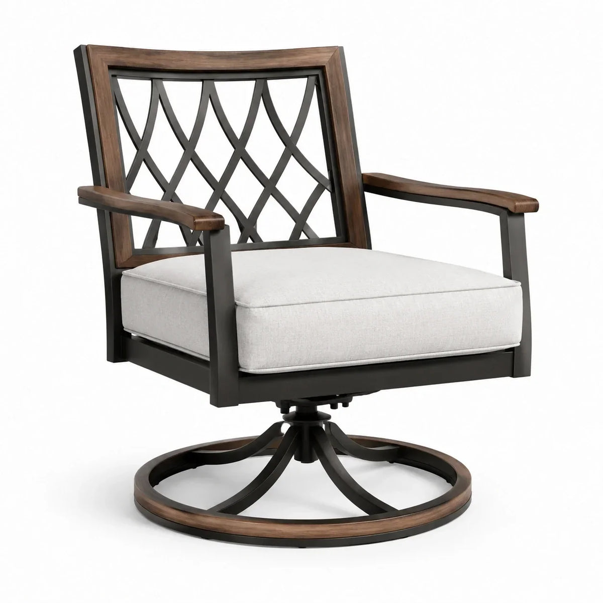 Sillón giratorio de metal con cojín de poliéster, estructura de aluminio, efecto madera, gris claro/negro