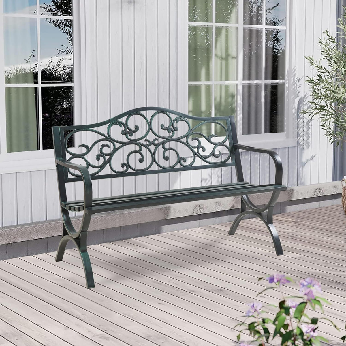 casa.pro Banco de jardín Utav Banco de exterior resistente a la intemperie 127 x 53 x 79 cm Banco de metal máx. 300 kg Gris oscuro con pátina verde Banco de 3 plazas