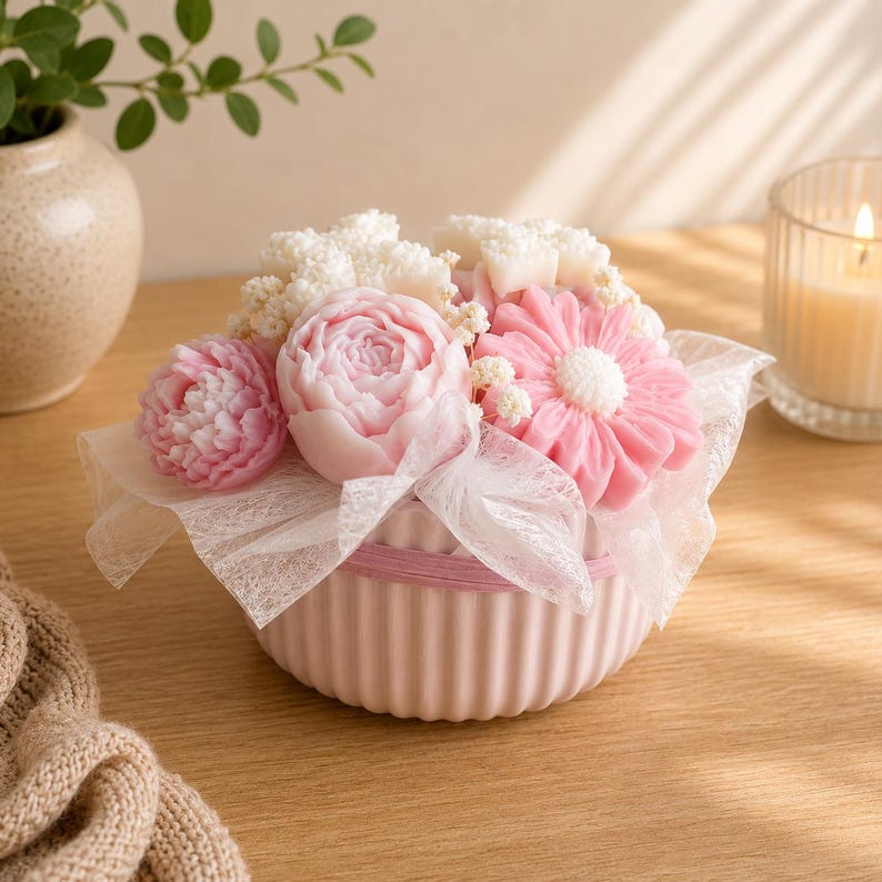 Ramo de flores de cera de soja perfumadas en maceta decorativa, hecho a mano, reutilizable