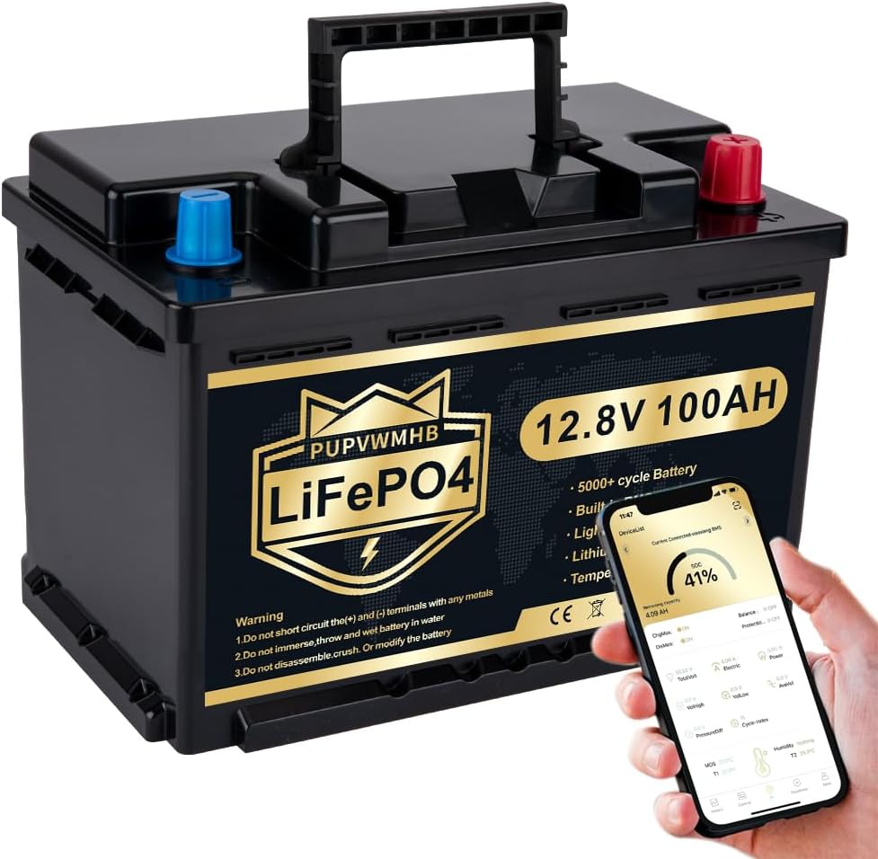 Batería de litio LiFePO4 12V/100Ah con Bluetooth, BMS de 100A, 5000 ciclos de descarga profunda, 1280W, protección de corte por baja temperatura para vehículos recreativos (RV), camping, embarcaciones y sistemas solares domésticos