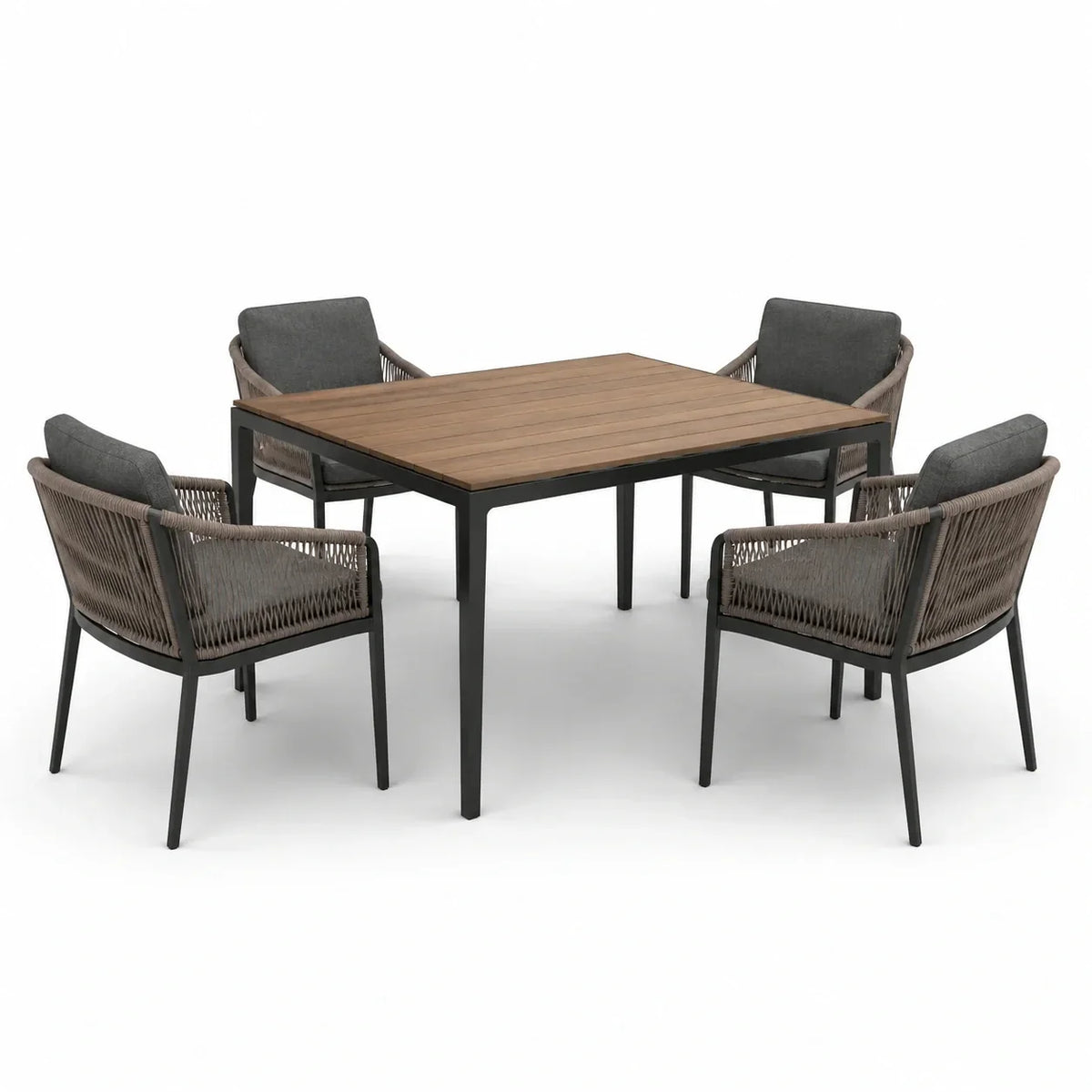 Conjunto de comedor de jardín de aluminio, aspecto madera y ratán sintético