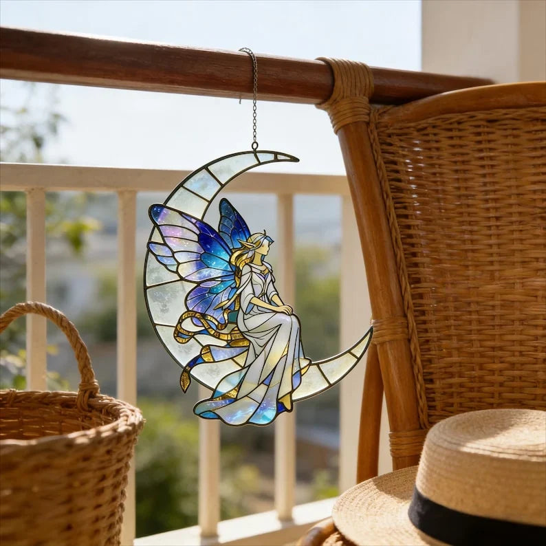 Atrapasueños de vidrieras de hada de la luna, decoración celestial para cuarto de niños
