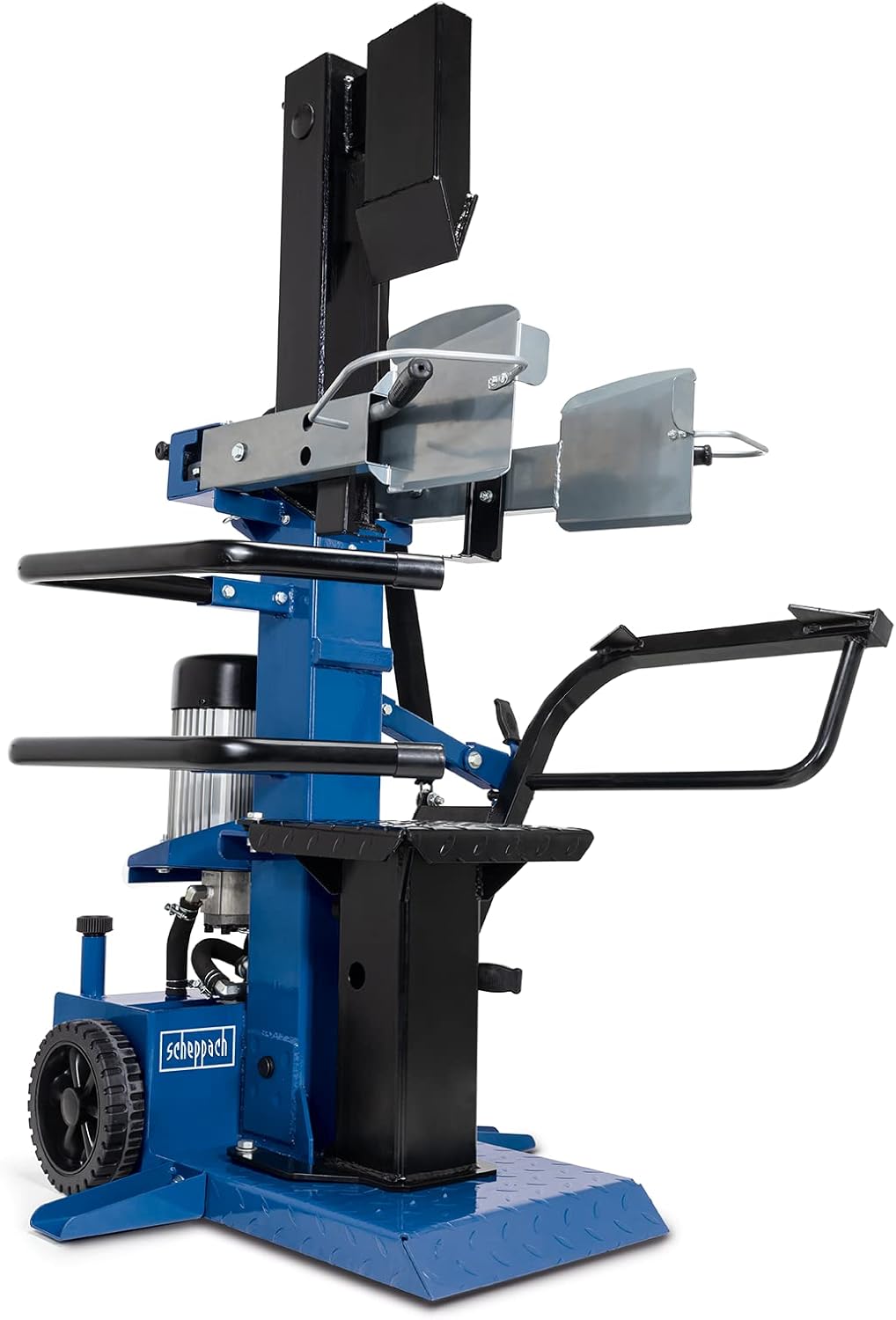 Hendidora de leña vertical Scheppach Compact 10t para troncos de un metro, 230V | 10 toneladas de fuerza de corte | 3500W de potencia | longitud de tronco 1070mm / Ø máx. 380mm | mesa giratoria | madera dura y blanda - con dispositivo de desplazamiento