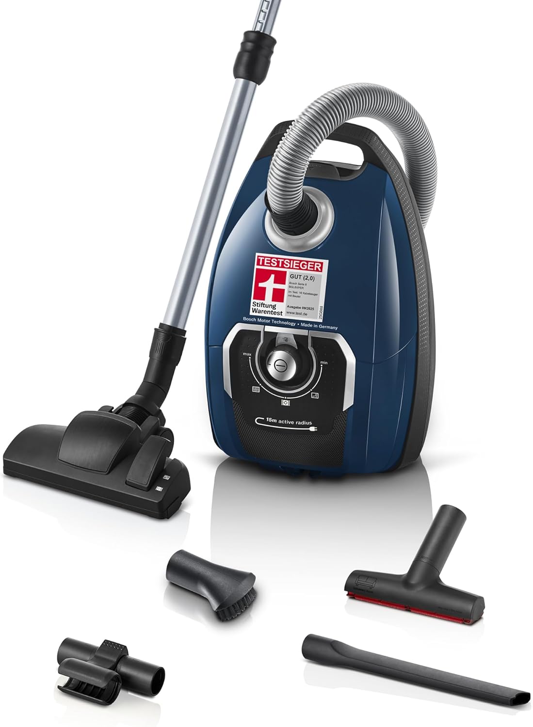 Aspiradora con bolsa Bosch Serie 8 BGL8XPER, ideal para alérgicos, filtro higiénico, 10 años de garantía en el motor, boquilla para tapicería XXL, boquilla para juntas XXL, cable largo, fabricada en Alemania, silenciosa, 700 W, azul