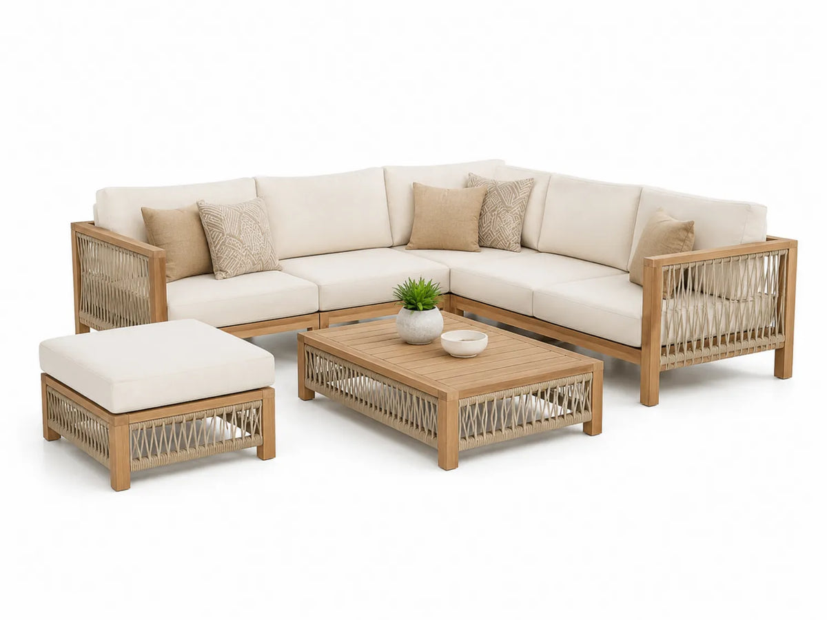 Juego de sofá esquinero de mimbre de teca con mesa y taburete, beige