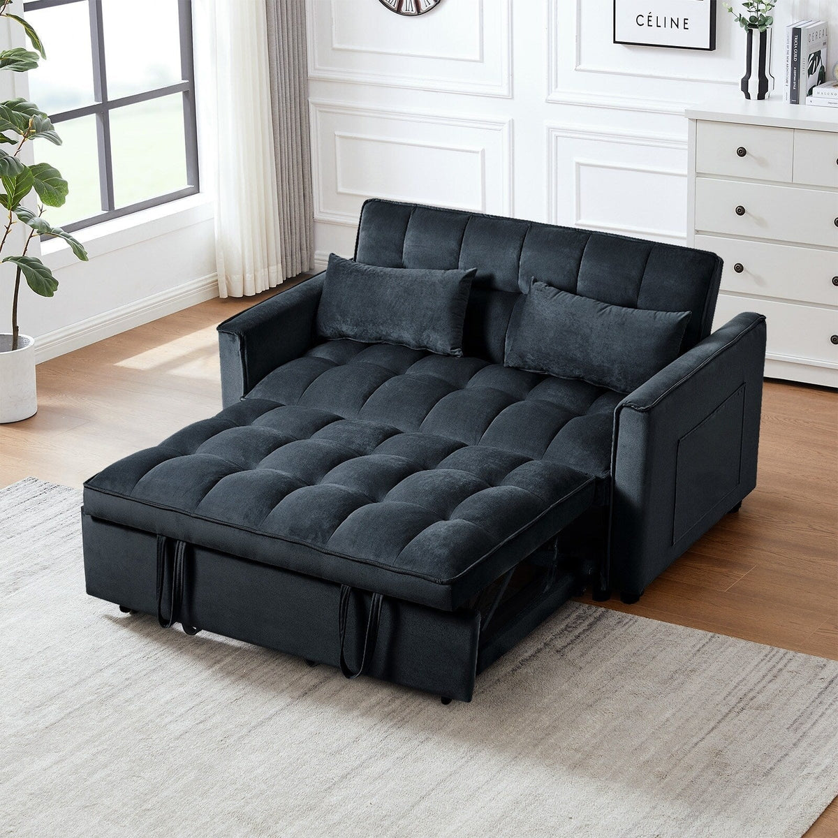 Sofá cama extraíble moderno, sofá cama 3 en 1 con respaldo ajustable, sofá biplaza de terciopelo, almohadas y bolsillos laterales