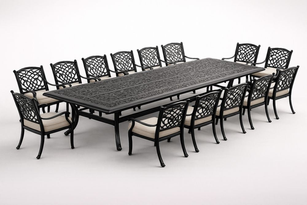 Mesa de comedor para exteriores de aluminio con 14 sillas con cojines