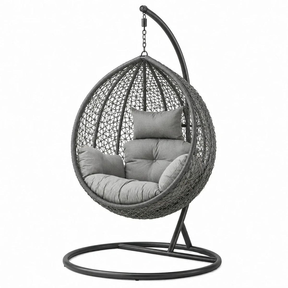 Sillón colgante de mimbre de polietileno con estructura metálica y cojines, gris, 195 x 100 x 100 cm