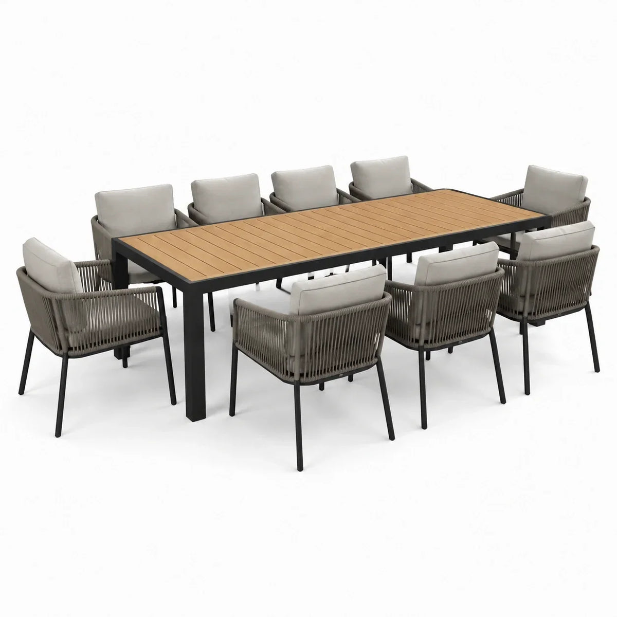 Conjunto de comedor de aluminio con mesa y sillas, aspecto de madera de teca, beige/gris