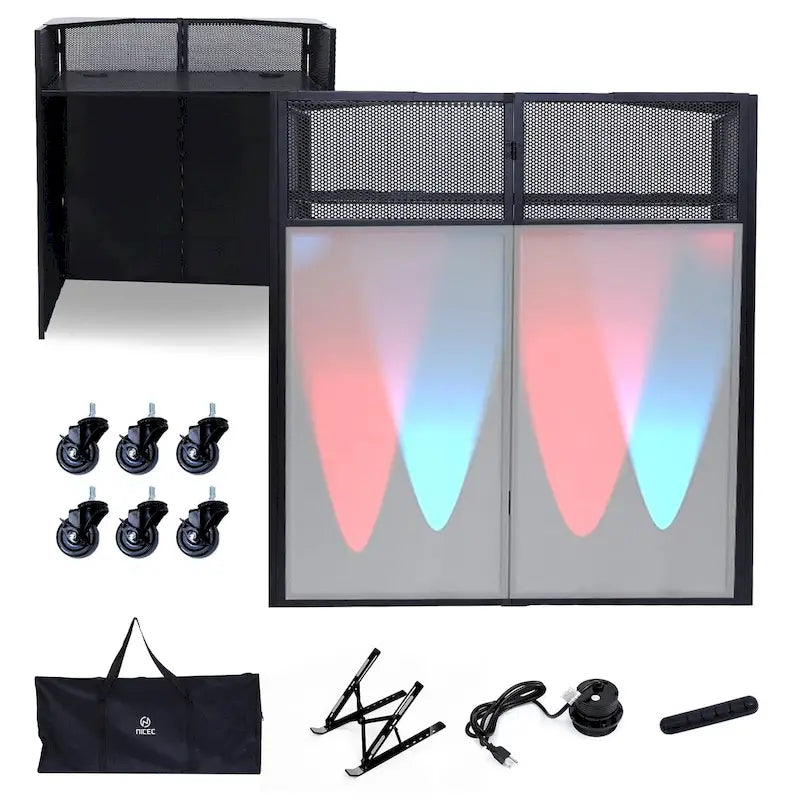 Set de cabina de DJ portátil con paneles de iluminación integrados, estuche de transporte resistente y dimensiones compactas de 40x20 pulgadas