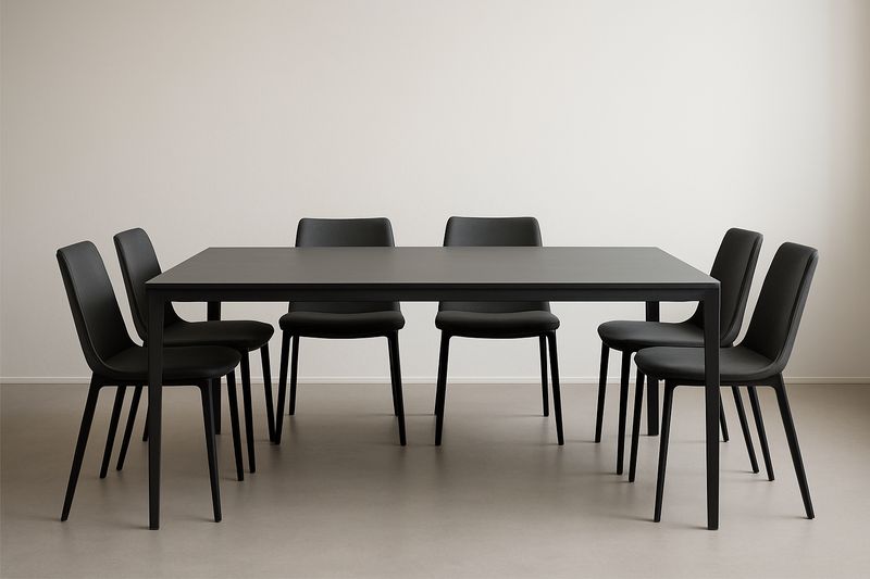 Mesa rectangular de metal negro con 6 sillas de piel sintética