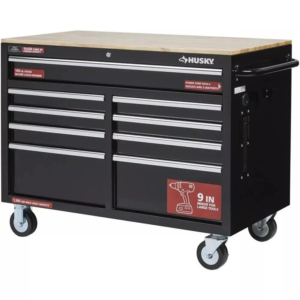46 pulgadas ancho x 24 pulgadas profundidad, caja de herramientas profunda de 9 cajones, negro brillante, banco de trabajo móvil