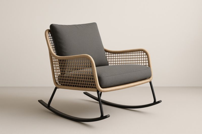 Sillón mecedora de aluminio y ratán con cojines de poliéster gris