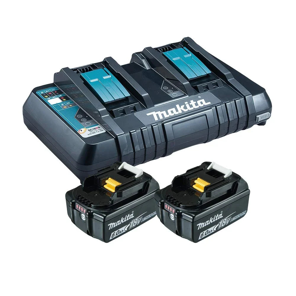 Kit de fuente de alimentación Makita 18 V, incluye 2 baterías BL 1860 B de 6,0 Ah y cargador doble DC 18 RD 1994848